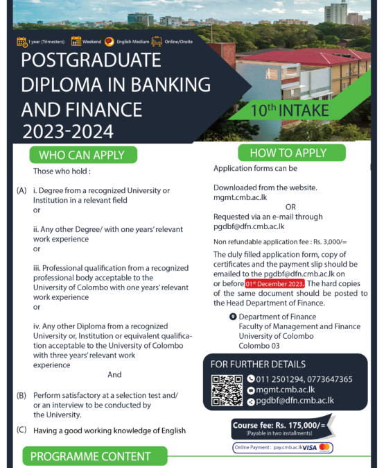 Postgraduate Diploma in Banking and Finance (PGDBF) 2023 -2024